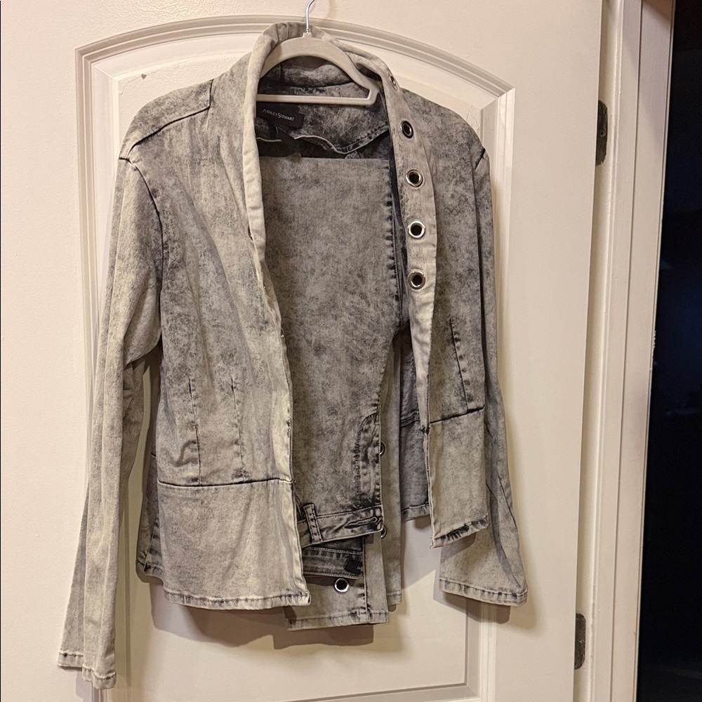 Ashley Stewart Washed Gray Jean Jacket and Pants with Grommet Trim - A set